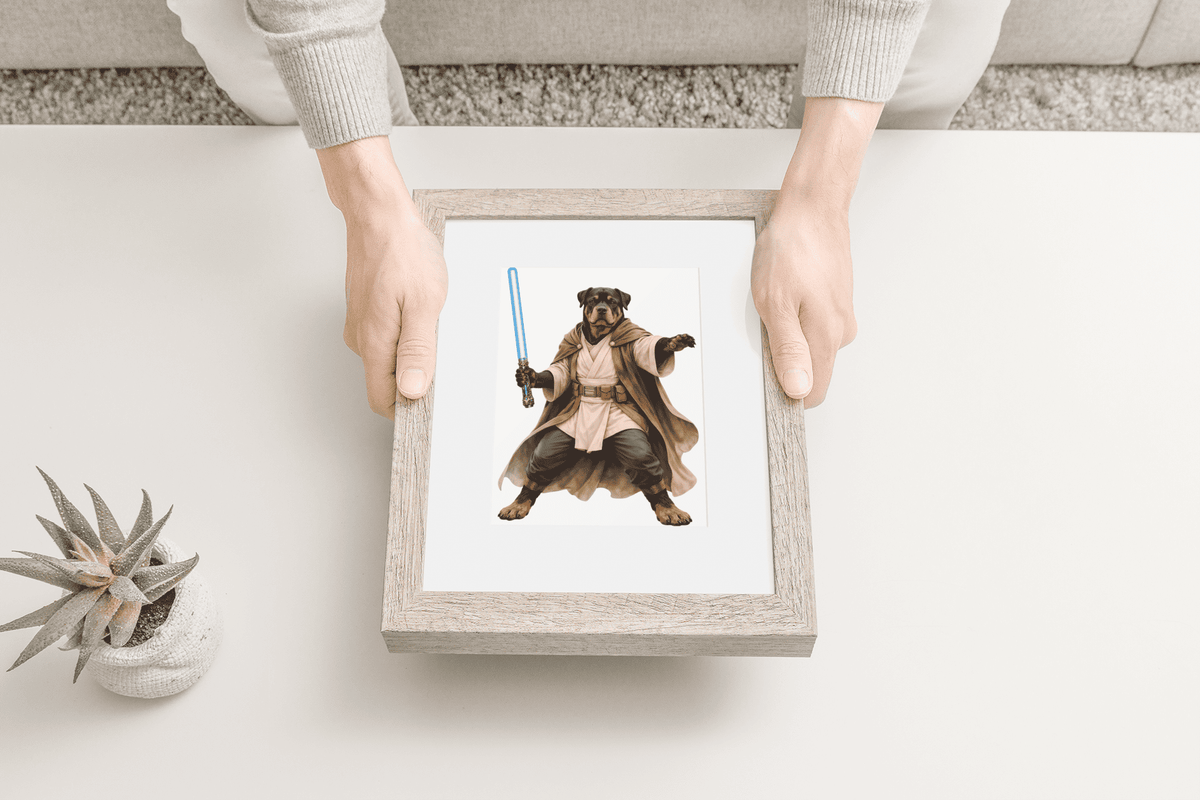 Rottweiler Galaxy Sentinel wooden puzzle framed and held in hands