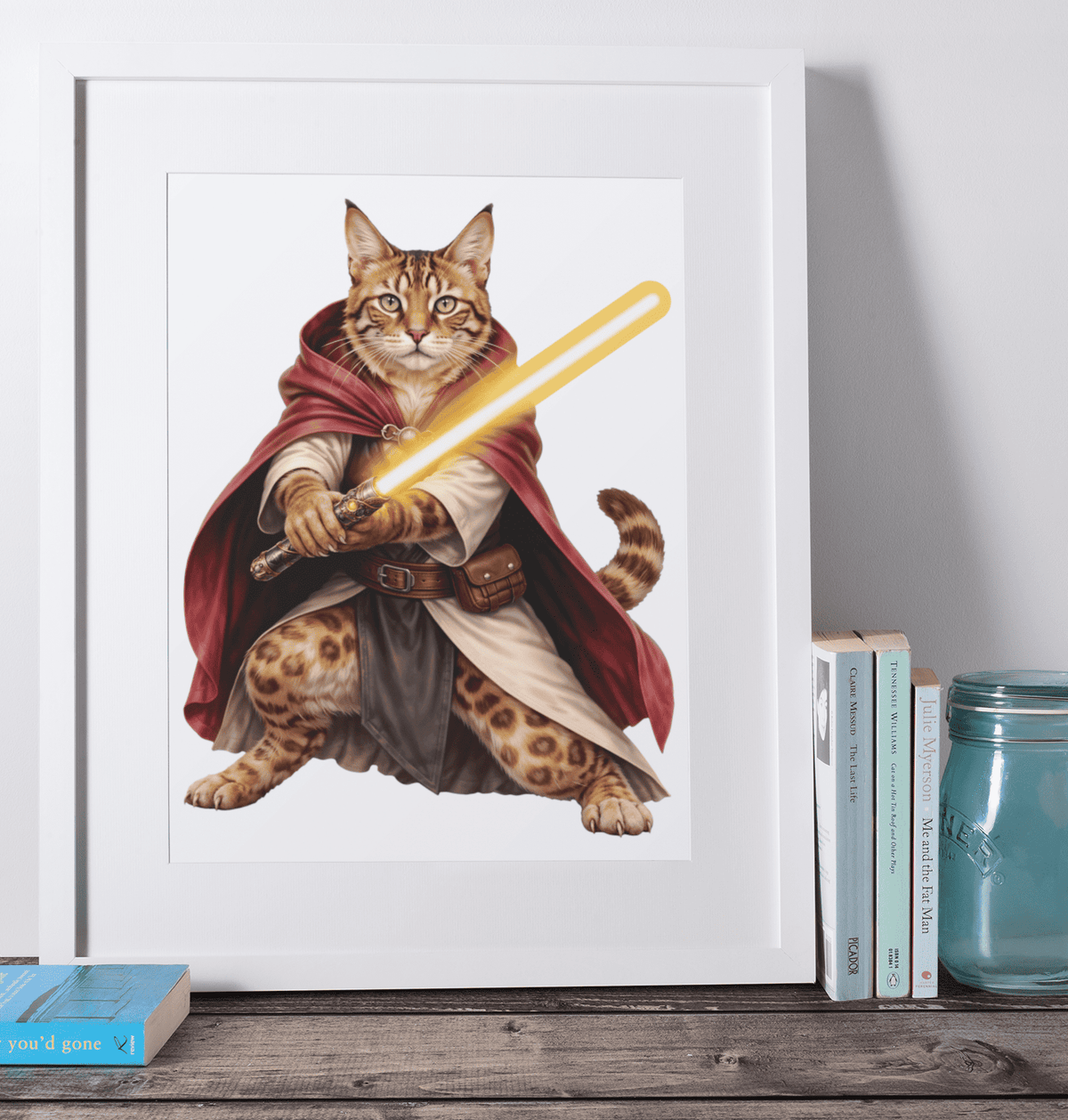 Bengal Cat Cosmic Hunter wooden puzzle framed on a desk