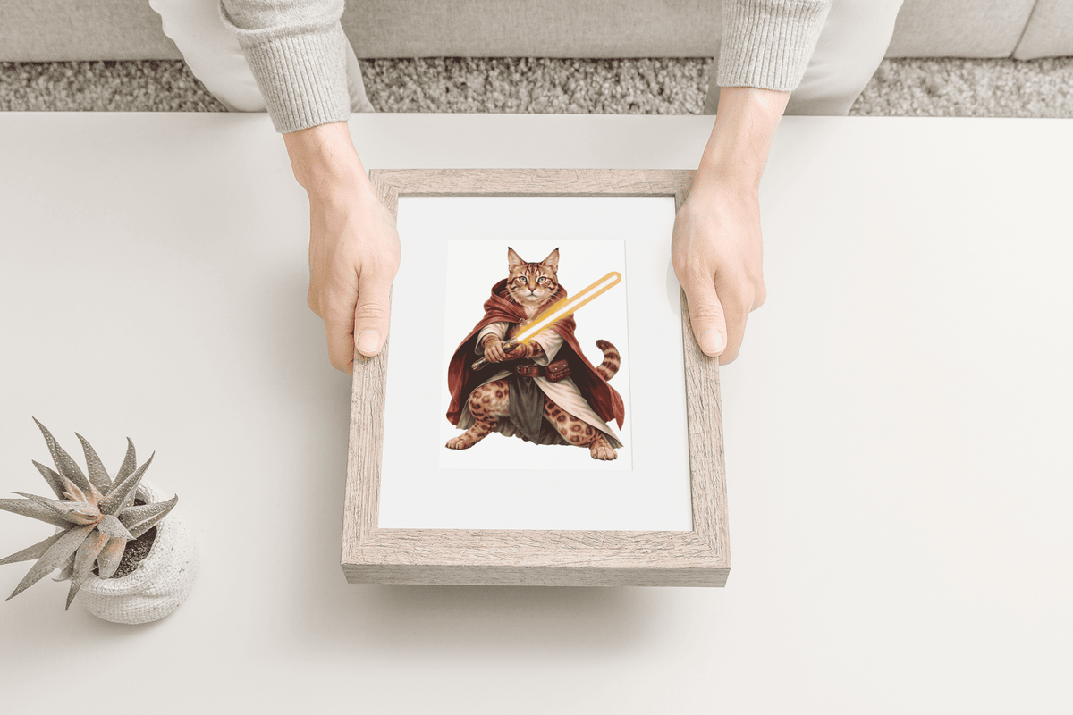 Bengal Cat Cosmic Hunter wooden puzzle framed and held in hands