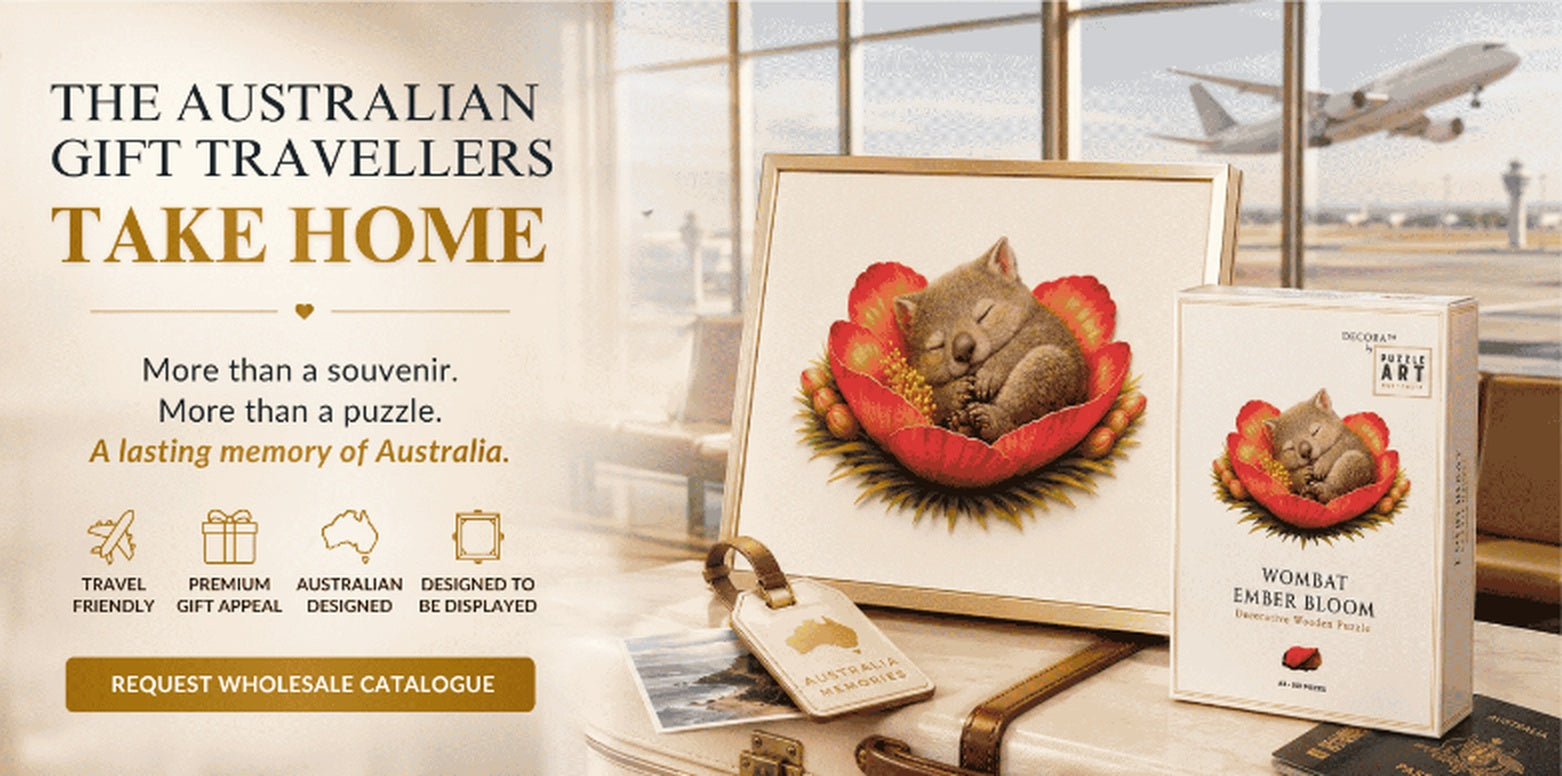 Puzzle Art Australia wholesale catalogue hero with travel gift and framed puzzle artwork