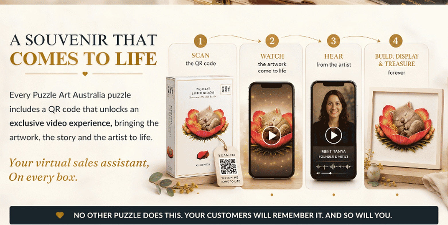 Puzzle Art Australia QR code experience showing scan, watch, hear and build display steps