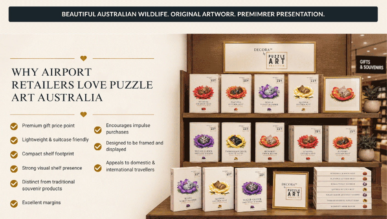 Puzzle Art Australia airport retailer display with wholesale puzzle boxes and framed puzzle art