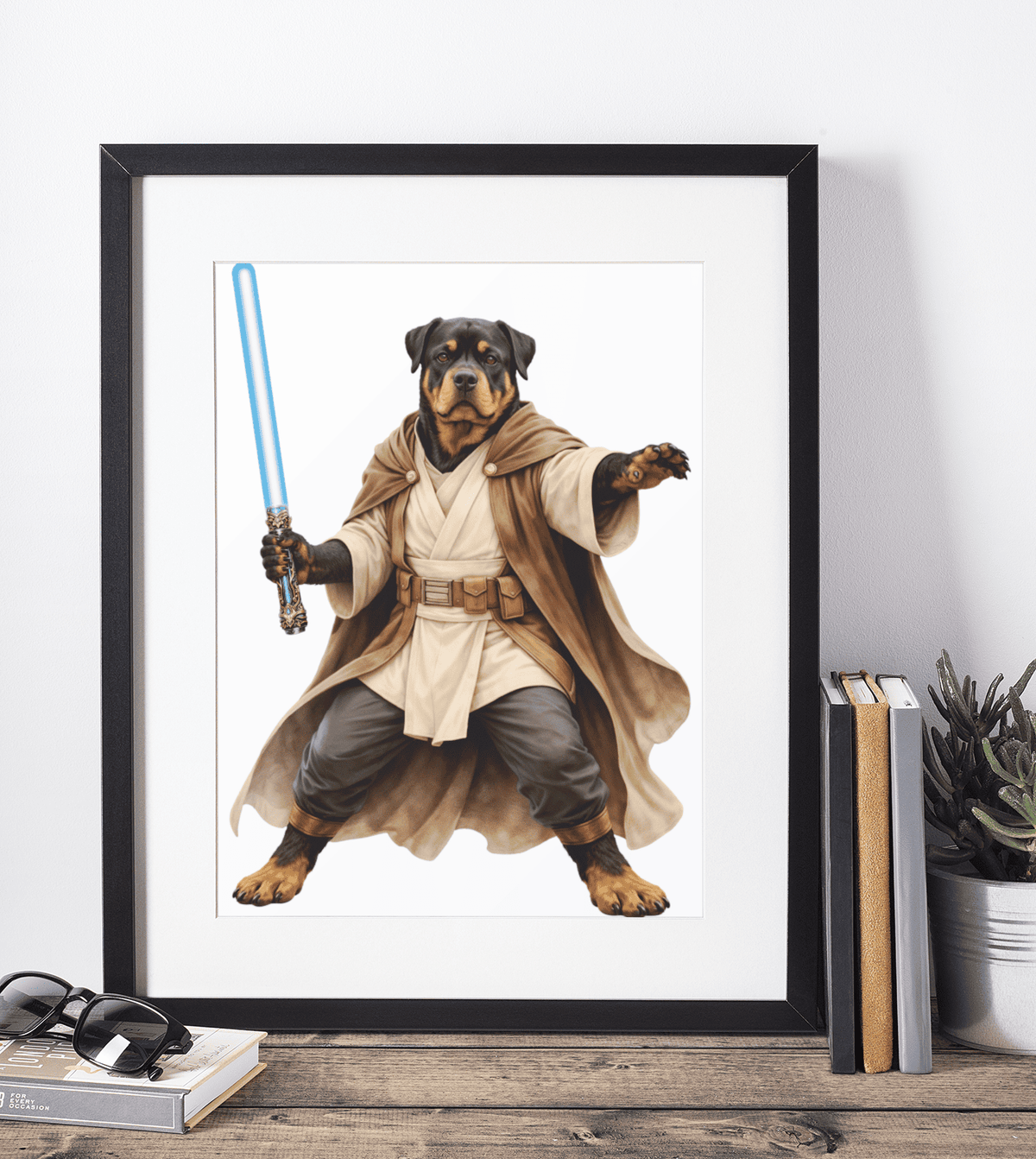Rottweiler Galaxy Sentinel wooden puzzle framed on a desk