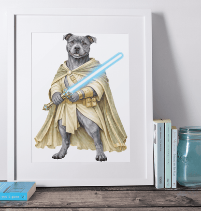 Staffy Stellar Protector wooden puzzle framed on a desk