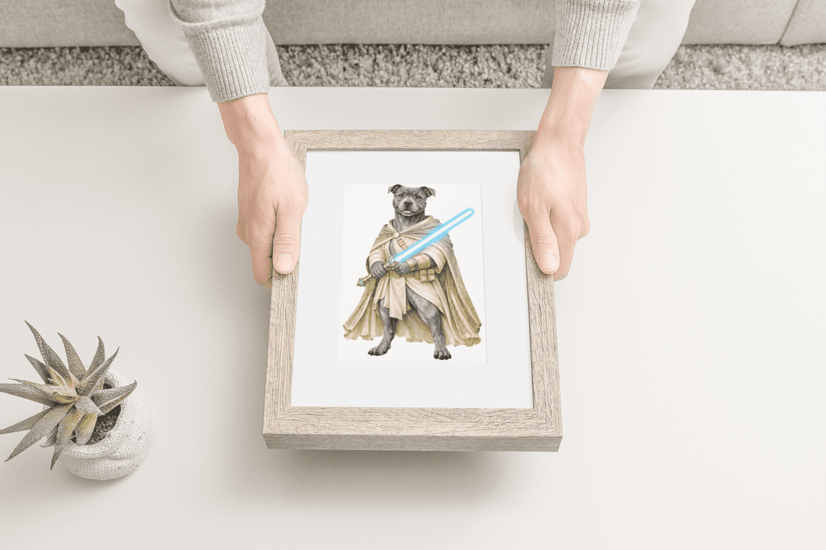 Staffy Stellar Protector wooden puzzle framed and held in hands